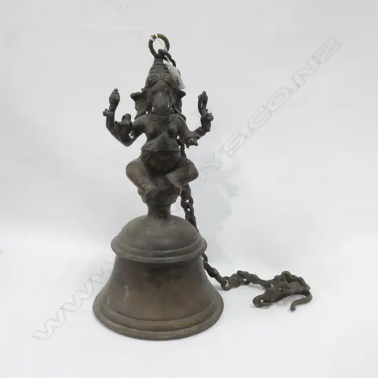 BRONZE BELL SURMOUNTED BY GANESH FIGURE, SUSPENDED ON CHAIN. H.360mm excl chain