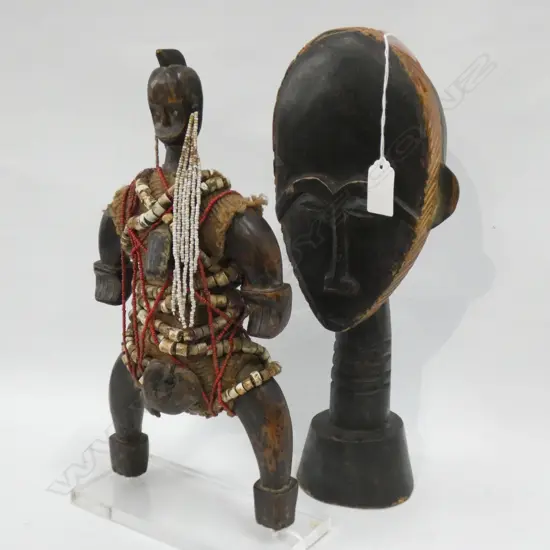ASHANTI AKUABA  WOODEN FERTILITY STATUE ON PERSPEX BASE (H 330MM)  & CARVED WOODEN HEAD (H 340MM)