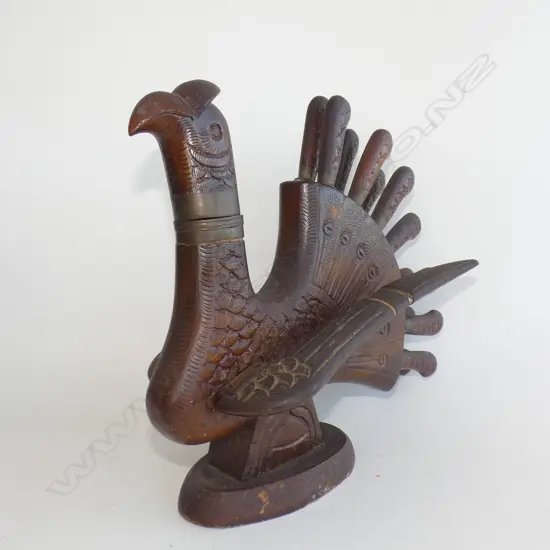 VINTAGE CARVED WOODEN TURKEY w. 12 SM KNIVES & 3 CARVERS H.330mm