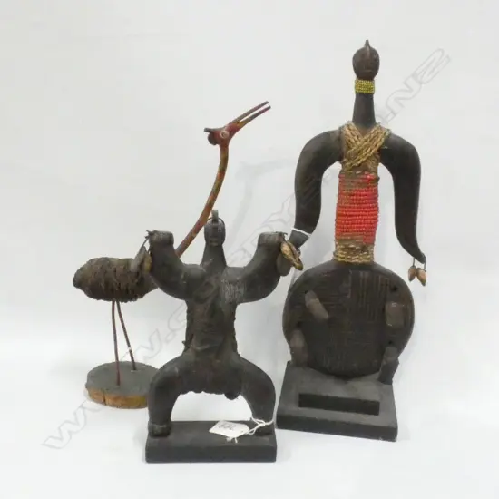 3 CARVED WOODEN TRIBAL FIGURES INCL BIRD. TALLEST H 380MM