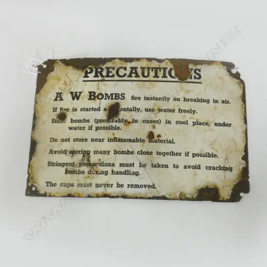 WWII ENAMEL SIGN; 'PRECAUTIONS; A W BOMBS...' 200x300mm