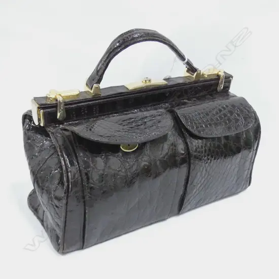 CROCODILE SKIN TRAVEL CASE OLD DOCTOR'S BAG STYLE GILT METAL FITTINGS L.320mm