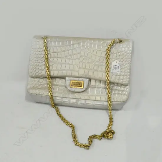 SILVER FAUX CHANEL SHOULDER BAG & 2 SCARVES (1 100% SILK)