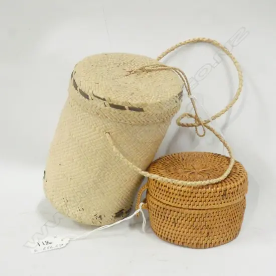 2 VINTAGE TRIBAL WOVEN FIBRE LIDDED CONTAINERS H's.135 & 60mm 