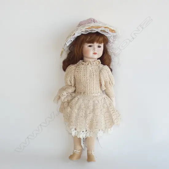 RUTH RYAN GERMAN PORCELAIN DOLL C1990 - IN ORIGINAL CROCHET DRESS (H 400MM)
