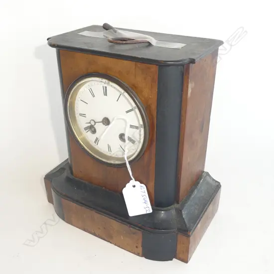 VICTORIAN WALNUT & EBONISED MANTLE CLOCK ENAMELLED DIAL H.205mm