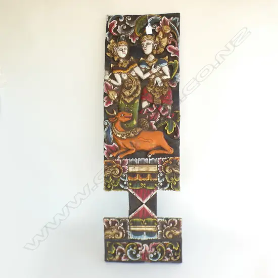 A CARVED BALINESE WOODEN PAINTED PANEL H 1030 MM
