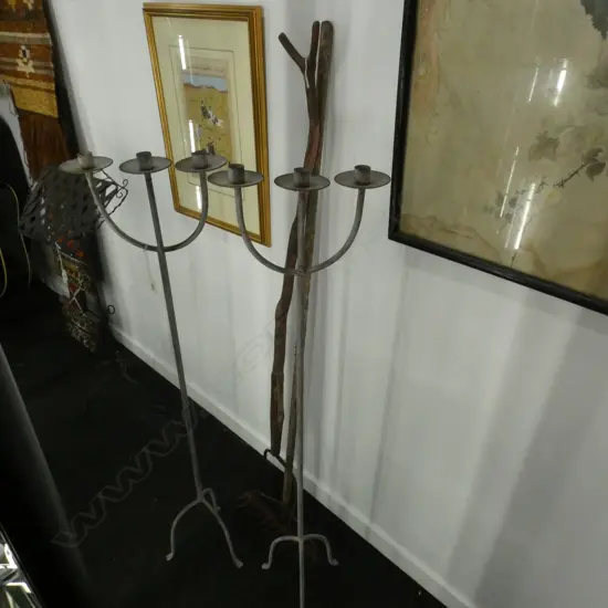 OLD TOOLS; RAKE, FORK, PR TALL METAL CANDLEHOLDERS H.1100mm