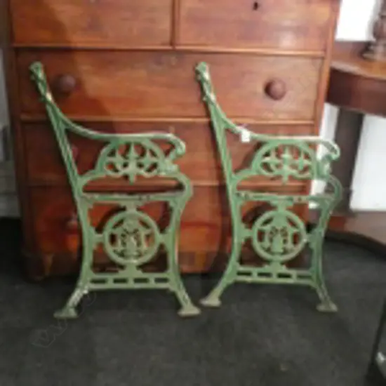 GREEN PAINTED CAST IRON BENCH ENDS