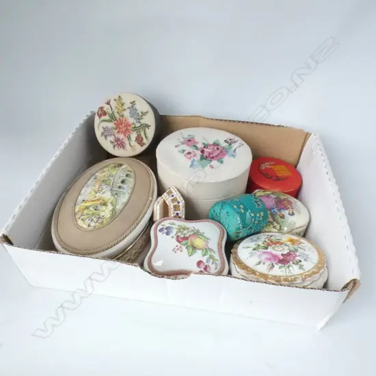 SM BOX LOT ASST TRINKET BOXES INCL TAPESTRY, ORIENTAL & PORCELAIN ETC..