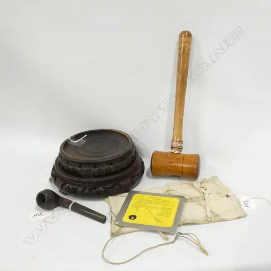 GAVEL, PIPE, HELIOGRAPH MIRROR WITH POUCH & 2 TURNED WOODEN STANDS 
