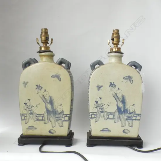 PR ORIENTAL BLUE & WHITE CRACKLE GLAZE PORCELAIN TABLE LAMP BASES H 425MM