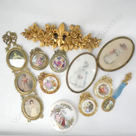 ASST GILT FRAMES INCL 5 W LIMOGES PORCELAIN PLATES (DIA 88MM) ETC. PLUS GOLD GILDED WALL HANGERS