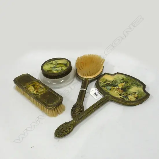 VINTAGE 4 PC DRESSING TABLE SET; 2 BRUSHES, HAND MIRROR & LIDDED DISH A/F