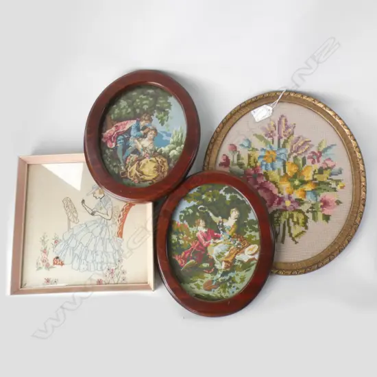 3 FRAMED TAPESTRIES INCL 1 GILT FRAMED (335 X 285MM) + CRINOLINE LADY FRAMED LONG STITCH SQ220MM