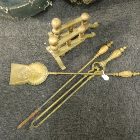 PR BRASS FIRE DOGS + 3 BRASS FIRE TOOLS EX. HIGHWIC HOUSE