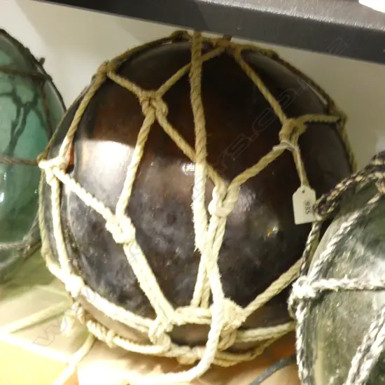 OLD BROWN GLASS FISHING FLOAT w. NETTING Dia.380mm