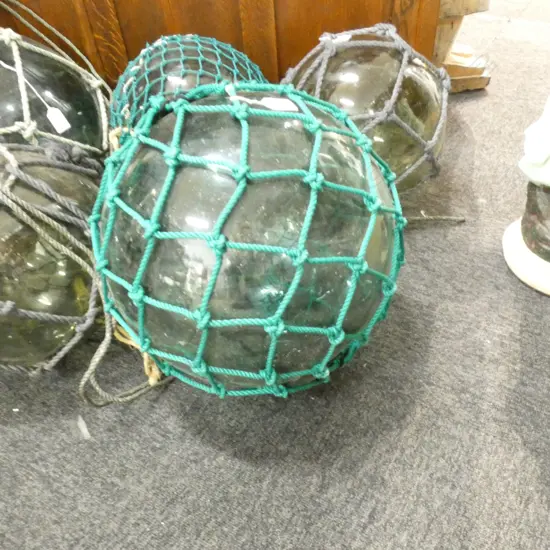 OLD GREEN GLASS FISHING FLOAT w. NETTING Dia.360mm