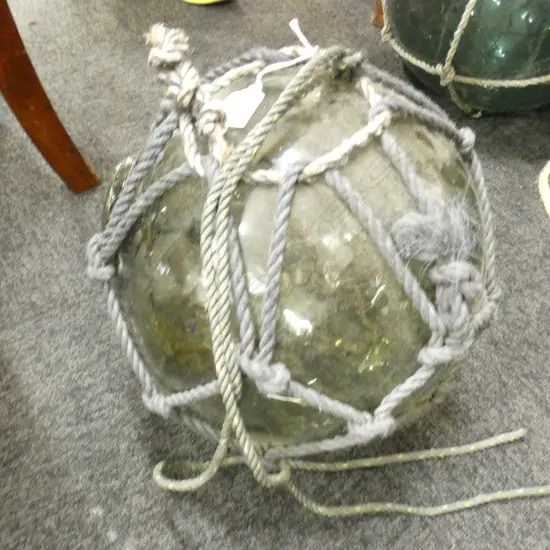 OLD GREEN GLASS FISHING FLOAT w. NETTING Dia.320mm