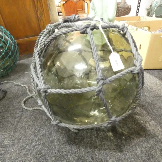 OLD GREEN GLASS FISHING FLOAT w. NETTING Dia.320mm