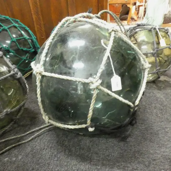 OLD GREEN GLASS FISHING FLOAT w. NETTING Dia.380mm