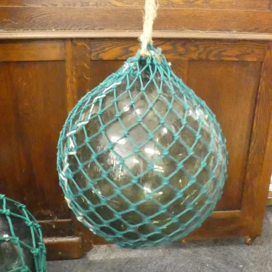 OLD GREEN GLASS FISHING FLOAT w. NETTING Dia.320mm
