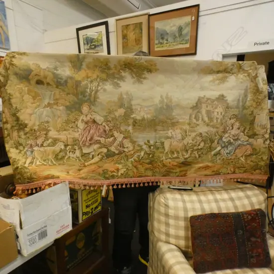 VINTAGE WALL TAPESTRY - COUNTRY SCENE PICNIC WITH CHERUBS - PINK FRINGE 1620 X 700MM