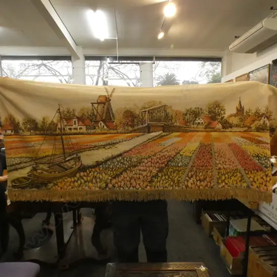 VINTAGE WALL TAPESTRY - DUTCH SCENE WITH WINDMILL & TULIPS  660 X 1660MM