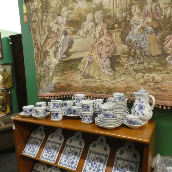 CZECH ZWIEBELMUSTER BLUE ONION MIXED TEA SET INCL COFFEE POT / 3 ASST SIZE CUPS PLATES ETC. APPROX 47 PCS