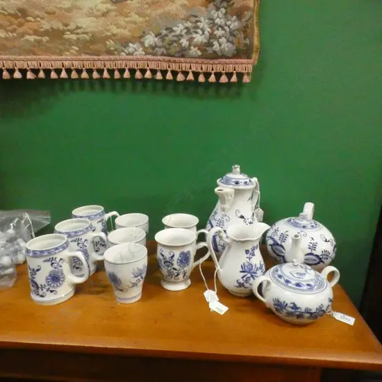 CZECH ZWIEBELMUSTER BLUE ONION LG COFFEE POT, TEAPOT, LIDDED SUGAR BOWL WITH ASST CUPS    & JUG