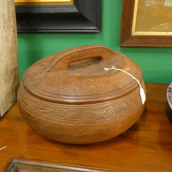 CARVED WOODEN LIDDED CONTAINER 340mm dia