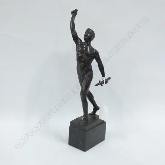 J P SCHMIDT-FELLING (SCULPTOR) STATUE(MISSING SOMETHING IN UPRIGHT HAND) ON MARBLE BASE H 300MM