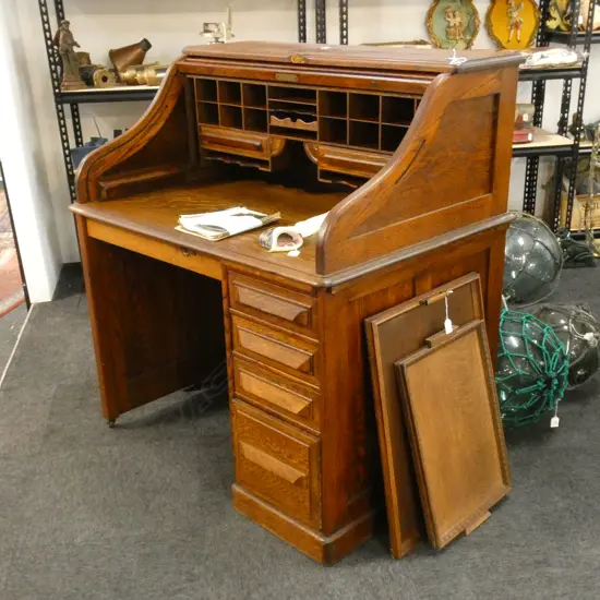 C1910 CUTLER OAK ROLL TOP DESK. SMALL SIZE LABELLED...