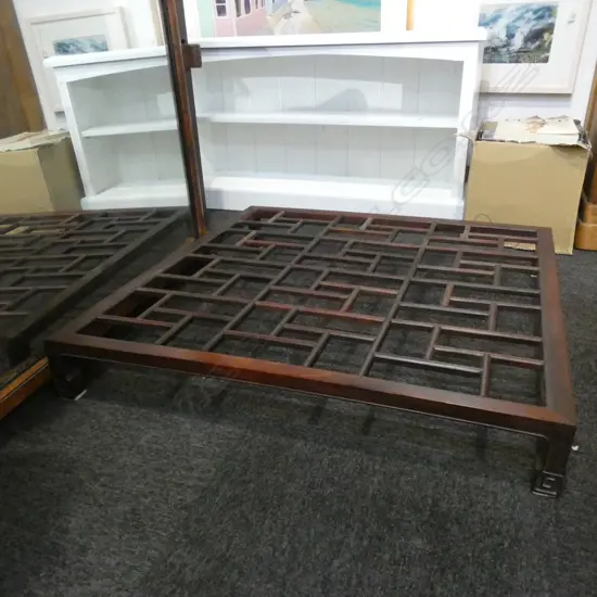 LARGE CHINESE TEAK LOW TABLE, TRELLIS PATTERNED TOP, 900 x 950 x 140mm