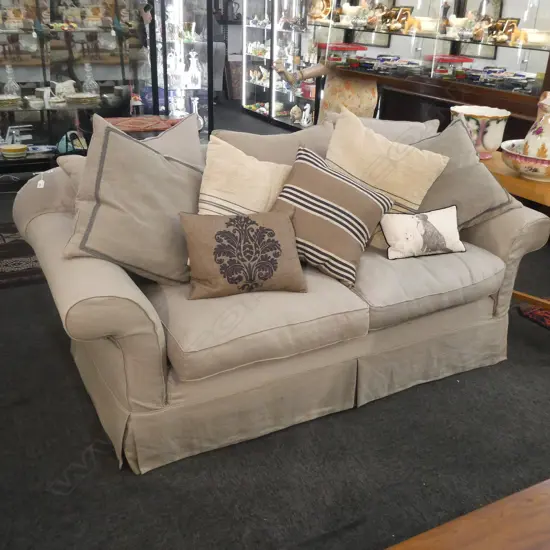 UPHOLSTERED ROLL ARM SOFA IN GREY LINEN + ASST. CUSHIONS W.2000mm