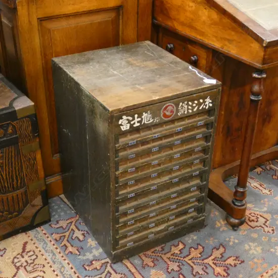 LGE OLD JAPANESE SHOP COTTON REAL DISPLAY CABINET 370 x 425 x 570mm.10 drawer. Glass fronts