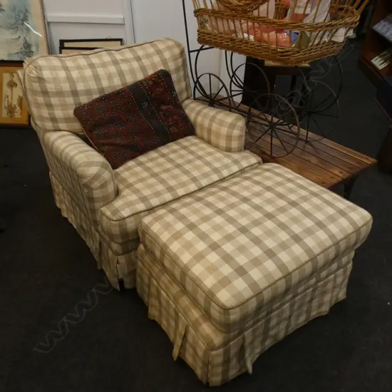 ARMCHAIR WITH MATCHING OTOMAN WITH CUSHION SHOWING SOME WEAR