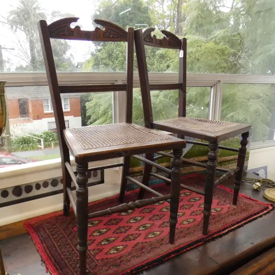 PR EDWARDIAN WYCOMBE CANE SEATED CHAIRS, DAMAGE TO SEATS