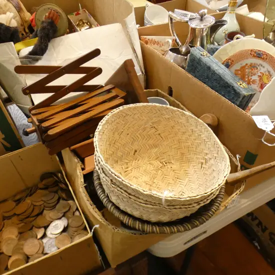 BOX LOT PR SHOE LASTS, WOVEN CONTAINERS, PR TERRACOTTA PICTURES, WOOL WINDER ETC