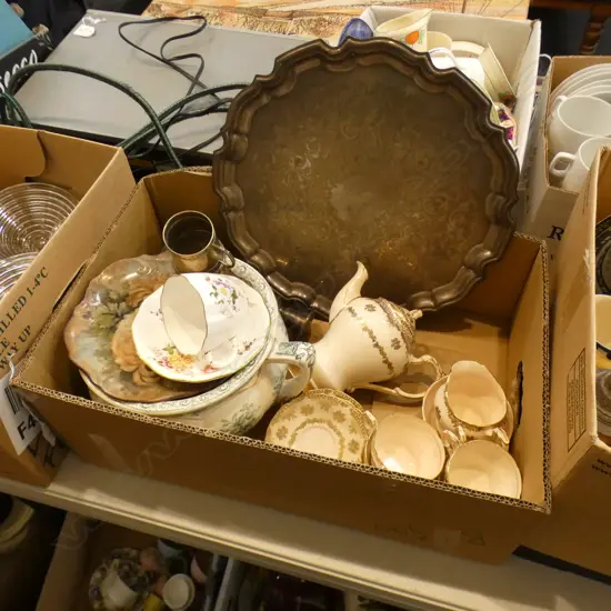 BOX LOT CHINA, EP TRAY, CANDLESTICK, POTTY ETC