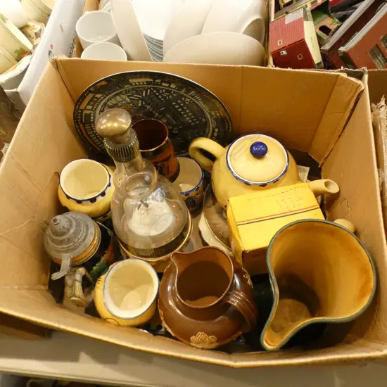 BOX LOT DOULTON JUGS, TEA SET, BOX BROWNIE ETC
