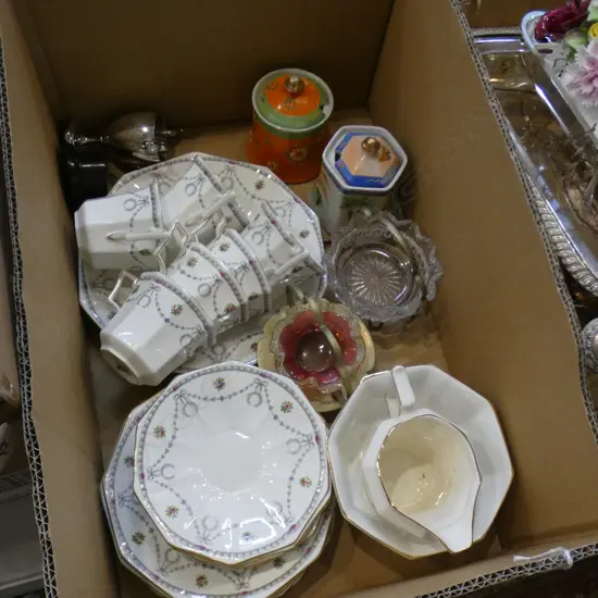 BOX LOT ASST VINTAGE CHINA & GLASS INCL ALLERTON TEA SET