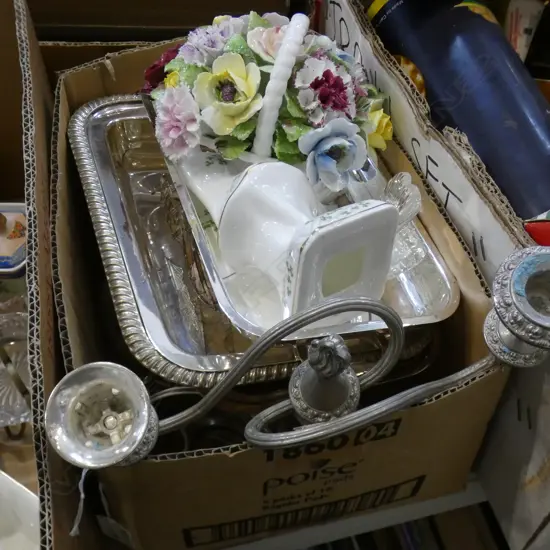 BOX LOT EP, R. DOULTON FLOWER BASEKET, WATERFORD BUTTERLY ETC