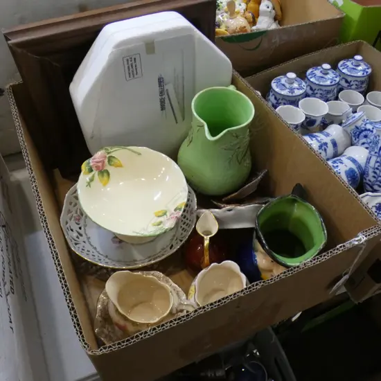 BOX ASST INCL LADY DIANA PLATE / ART / ROYAL WINTON & LEATHER & HORSE BRASS ETC.