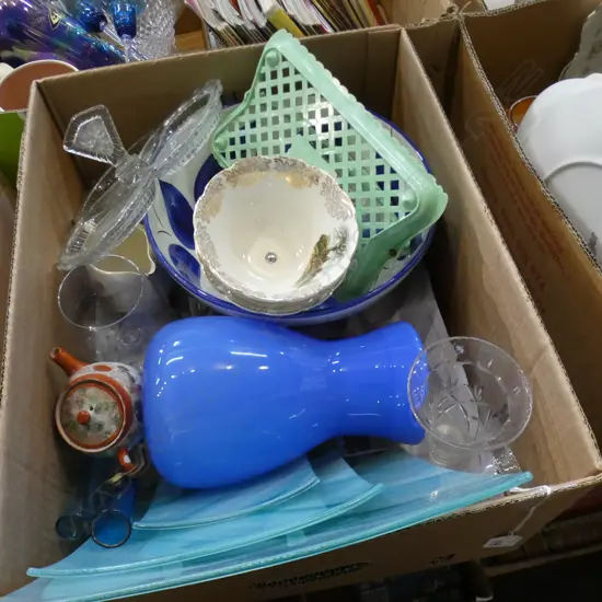 BOX ASST; BLUE GLASS / CRYSTAL, CHINA ETC.. 