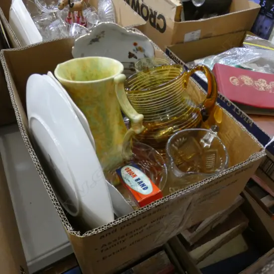 BOX LOT ASST. CHINA & GLASS ETC