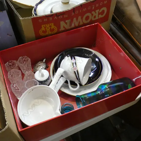 SM BOX ASST INCL CHRISTOPHER VINE GLASS BOTTLE, GERMAN RAMEKINS ETC..