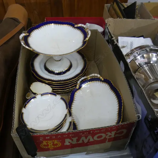 BOX LOT COALPORT BLUE & GILT CHINA EX. HIGHWIC HOUSE