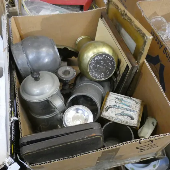 BOX LOT EP, BRASS VASE, ANTIQUE BAROMETER ETC EX. HIGHWIC HOUSE