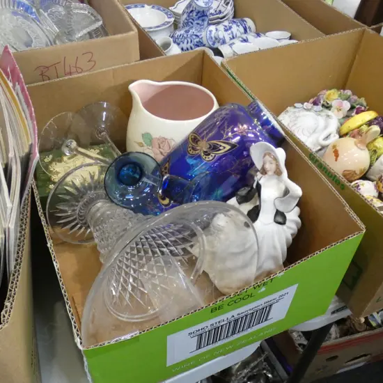 BOX LOT ASST. CHINA; ROYAL DOULTON FIGURINE, LUSTRE VASE, ETC